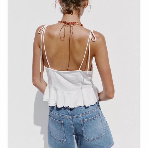 NWT Zara Linen Tie Strap Lace Corset Tank Top in White - M - Picture 7 of 7